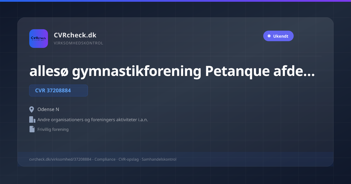 Visitkort: allesø gymnastikforening Petanque afdeling, CVR 37208884, Andre organisationers og foreningers aktiviteter i.a.n., Odense N