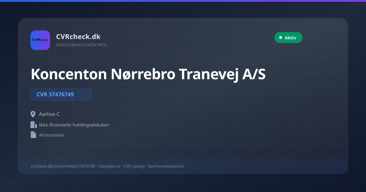 Visitkort: Koncenton Nørrebro Tranevej A/S, CVR 37476749, Ikke-finansielle holdingselskaber, Aarhus C, NORMAL