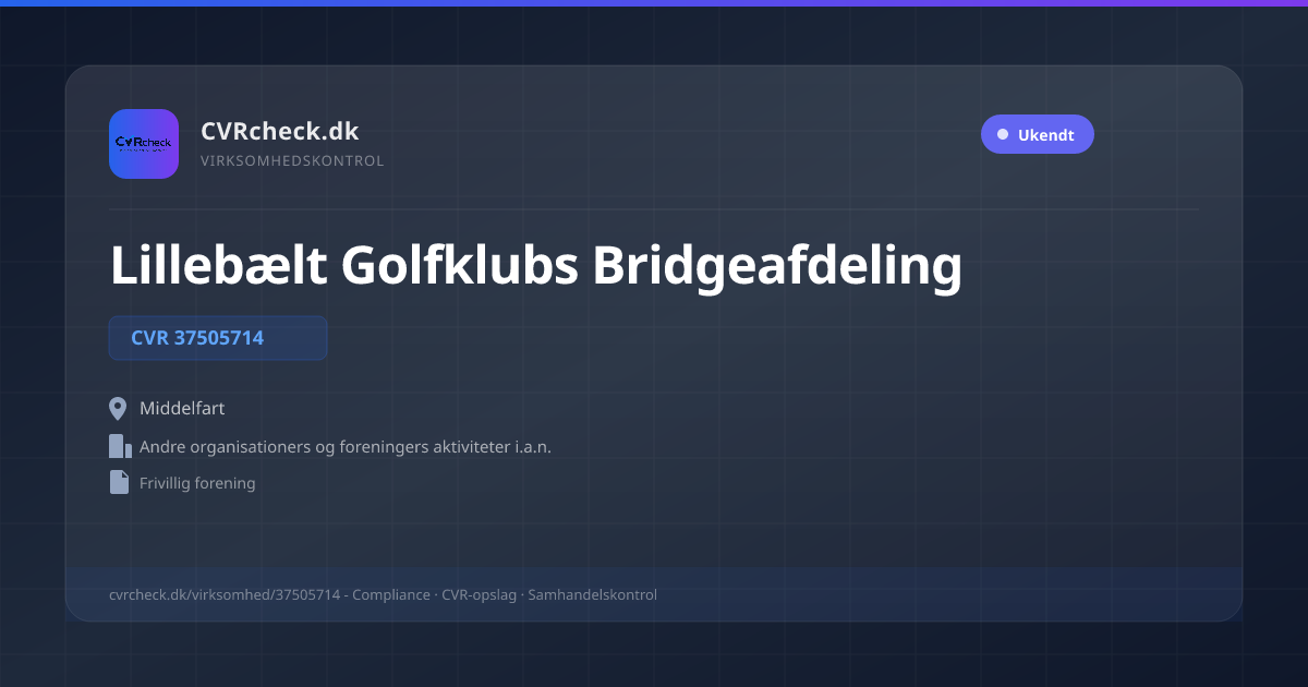 Visitkort: Lillebælt Golfklubs Bridgeafdeling, CVR 37505714, Andre organisationers og foreningers aktiviteter i.a.n., Middelfart