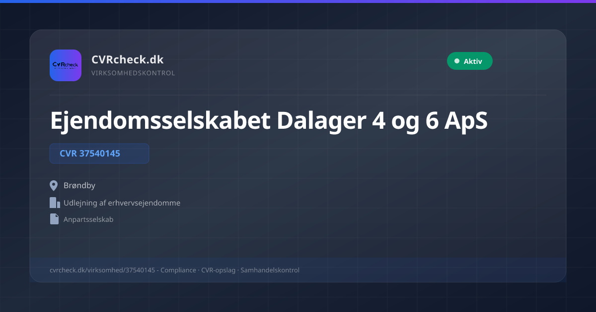 Visitkort: Ejendomsselskabet Dalager 4 og 6 ApS, CVR 37540145, Udlejning af erhvervsejendomme, Brøndby, NORMAL