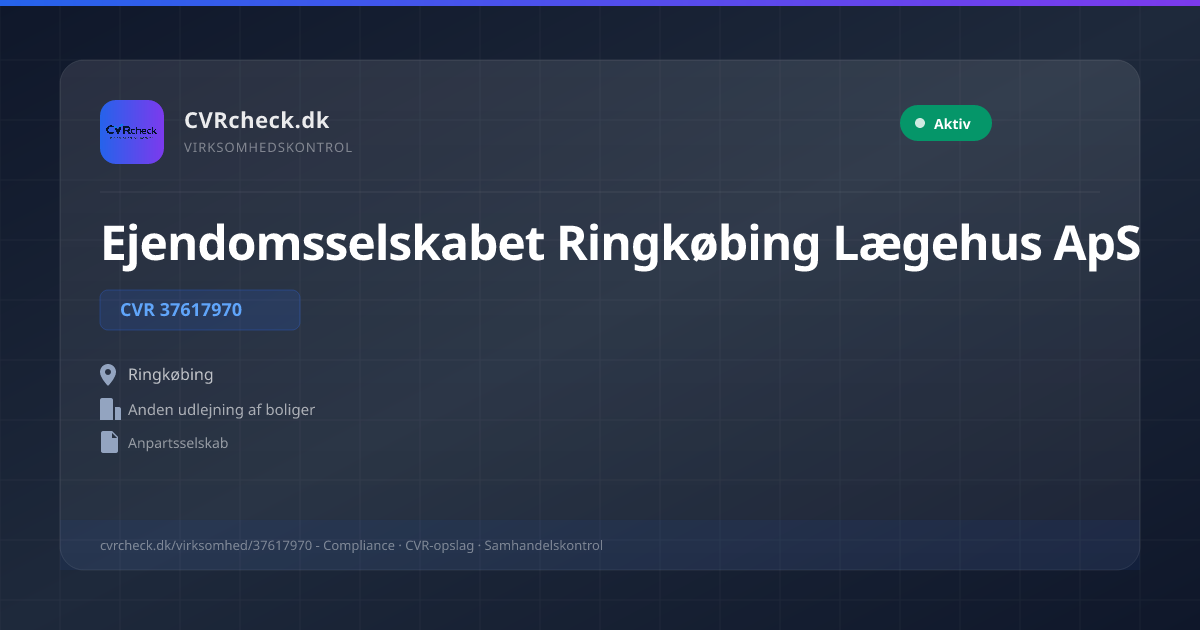 Visitkort: Ejendomsselskabet Ringkøbing Lægehus ApS, CVR 37617970, Anden udlejning af boliger, Ringkøbing, NORMAL
