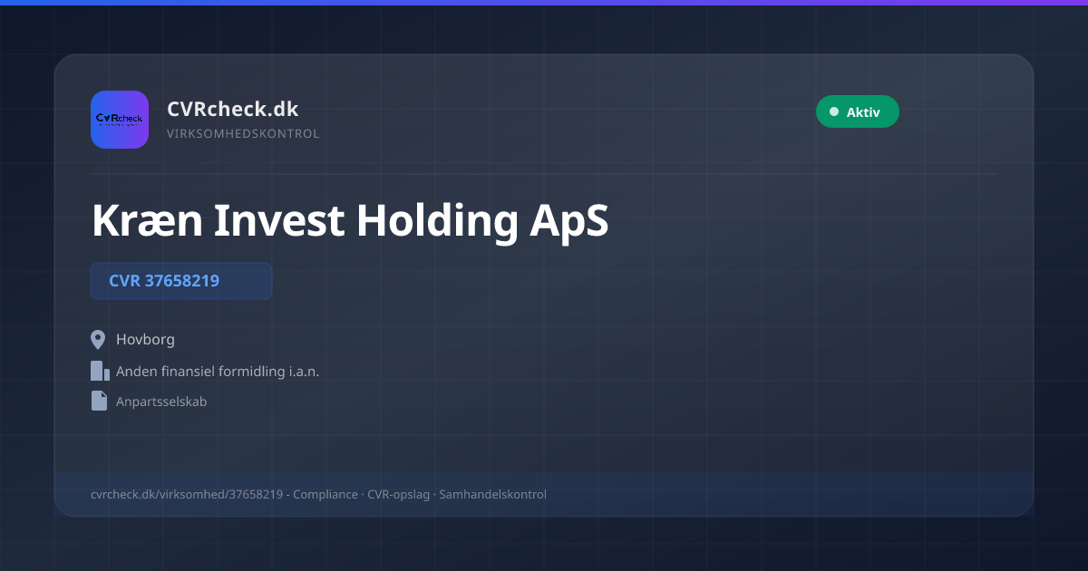 Visitkort: Kræn Invest Holding ApS, CVR 37658219, Anden finansiel formidling i.a.n., Hovborg, NORMAL