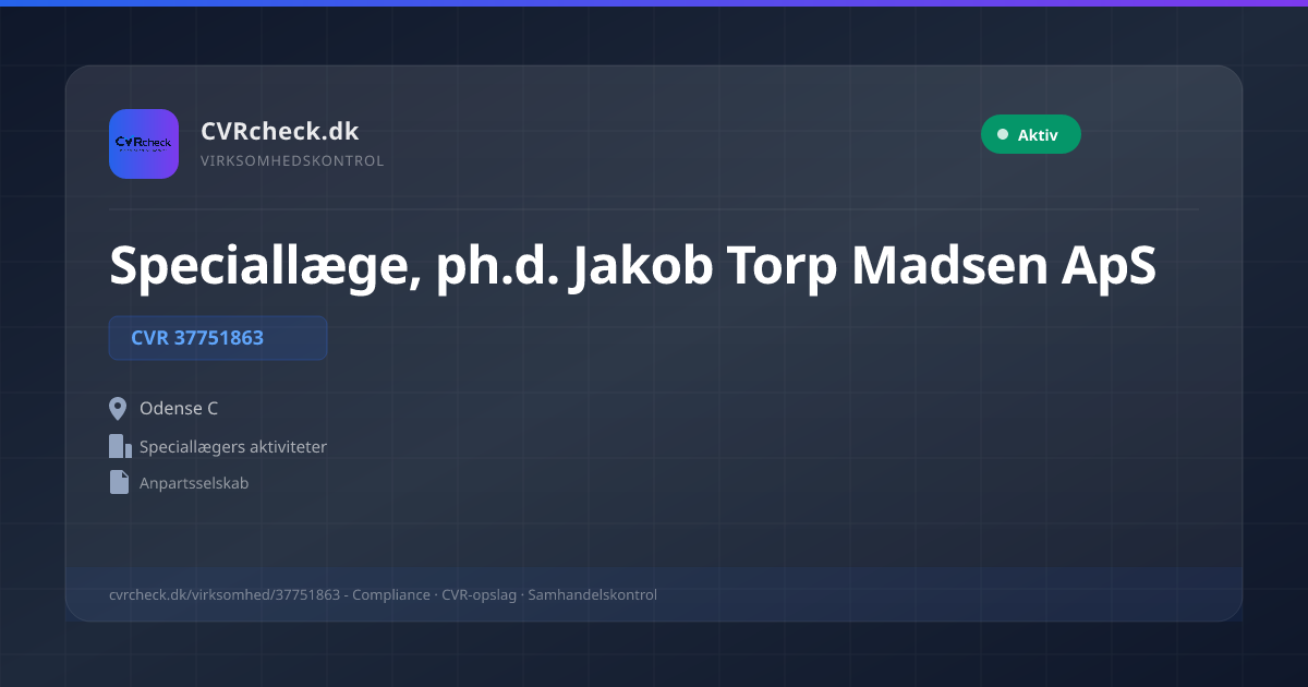 Visitkort: Speciallæge, ph.d. Jakob Torp Madsen ApS, CVR 37751863, Speciallægers aktiviteter, Odense C, NORMAL