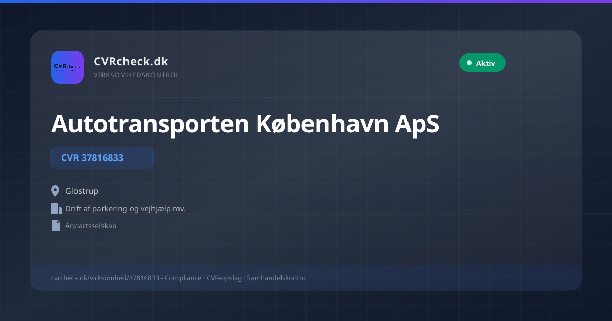 Visitkort: Autotransporten København ApS, CVR 37816833, Drift af parkering og vejhjælp mv., Glostrup, NORMAL