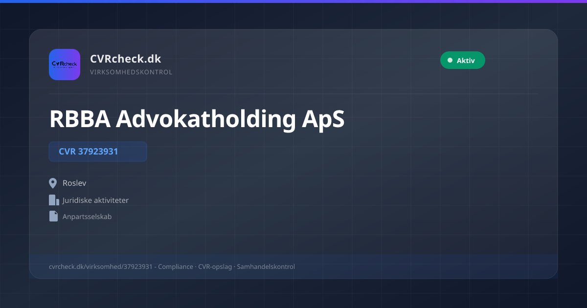 Visitkort: RBBA Advokatholding ApS, CVR 37923931, Juridiske aktiviteter, Roslev, NORMAL