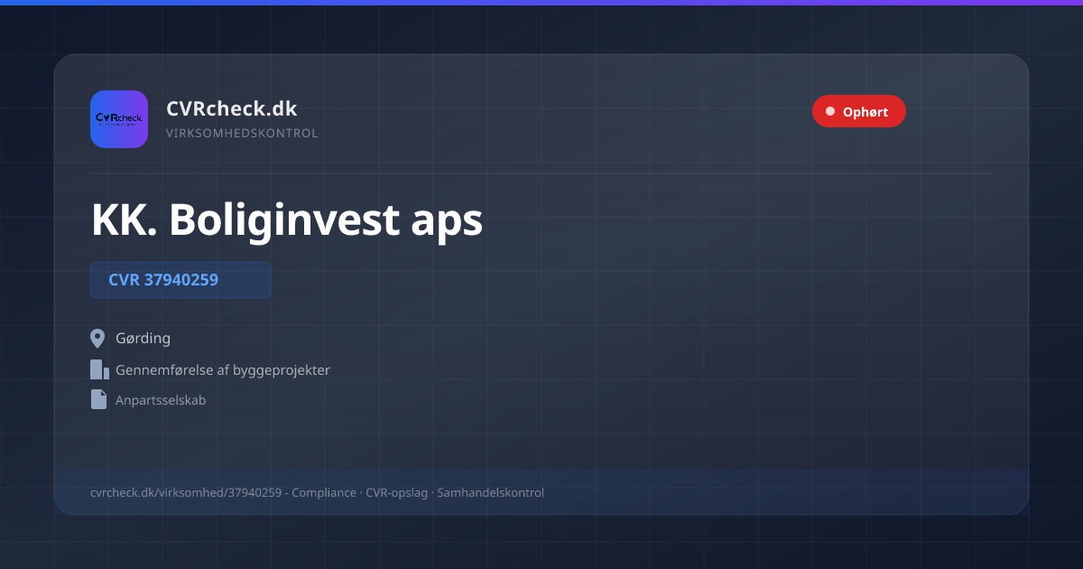Visitkort: KK. Boliginvest aps, CVR 37940259, Gennemførelse af byggeprojekter, Gørding, OPLØST EFTER FRIVILLIG LIKVIDATION