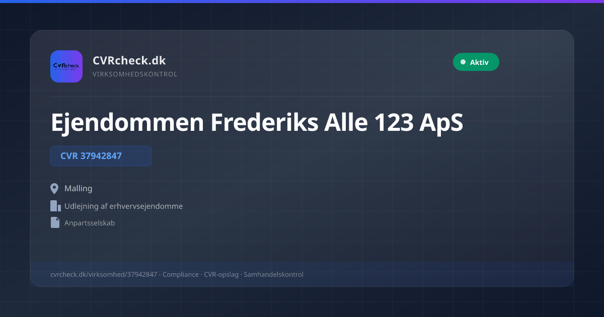 Visitkort: Ejendommen Frederiks Alle 123 ApS, CVR 37942847, Udlejning af erhvervsejendomme, Malling, NORMAL