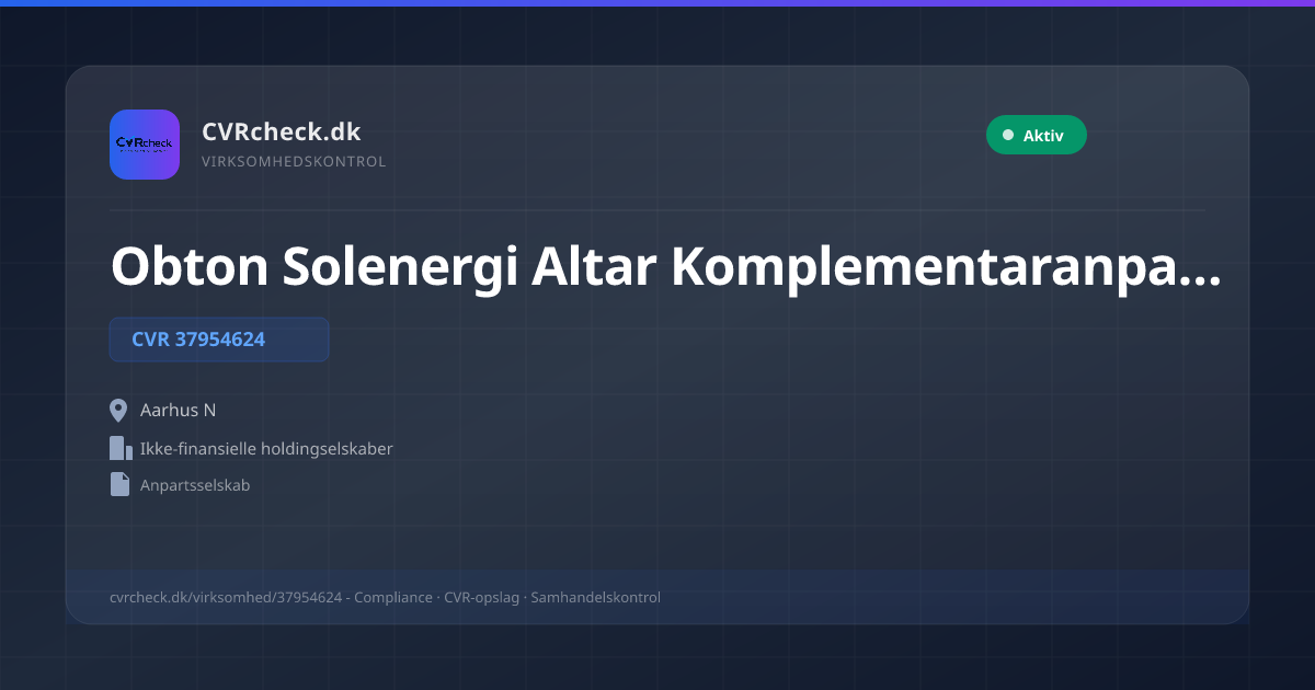 Visitkort: Obton Solenergi Altar Komplementaranpartsselskab, CVR 37954624, Ikke-finansielle holdingselskaber, Aarhus N, NORMAL
