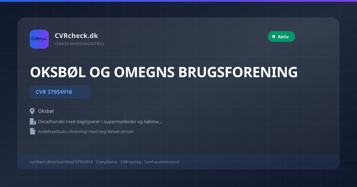 Visitkort: OKSBØL OG OMEGNS BRUGSFORENING, CVR 37954918, Detailhandel med dagligvarer i supermarkeder og købmandsbutikker, Oksbøl, NORMAL