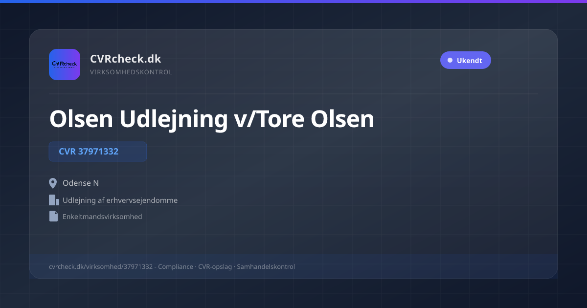Visitkort: Olsen Udlejning v/Tore Olsen, CVR 37971332, Udlejning af erhvervsejendomme, Odense N