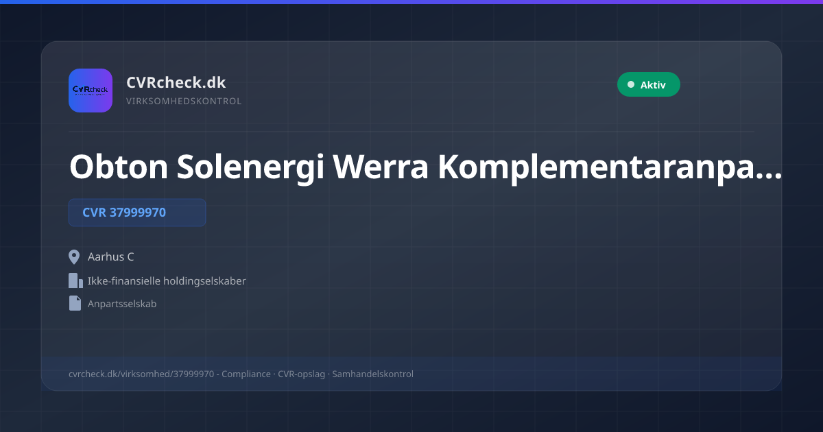 Visitkort: Obton Solenergi Werra Komplementaranpartsselskab, CVR 37999970, Ikke-finansielle holdingselskaber, Aarhus C, NORMAL