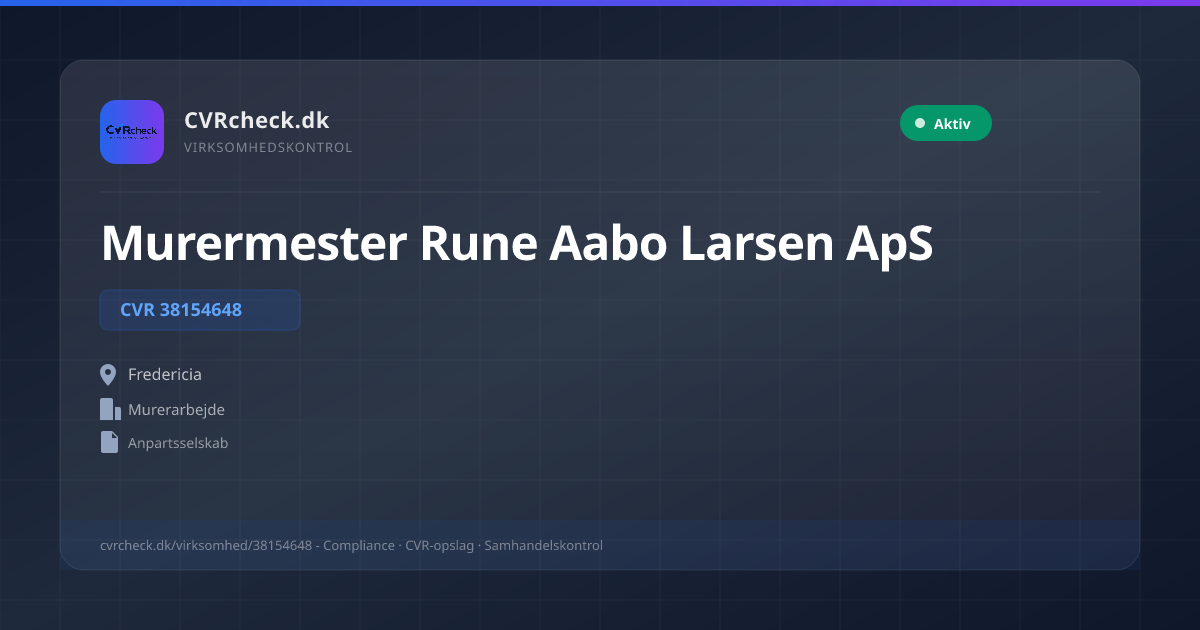 Visitkort: Murermester Rune Aabo Larsen ApS, CVR 38154648, Murerarbejde, Fredericia, NORMAL
