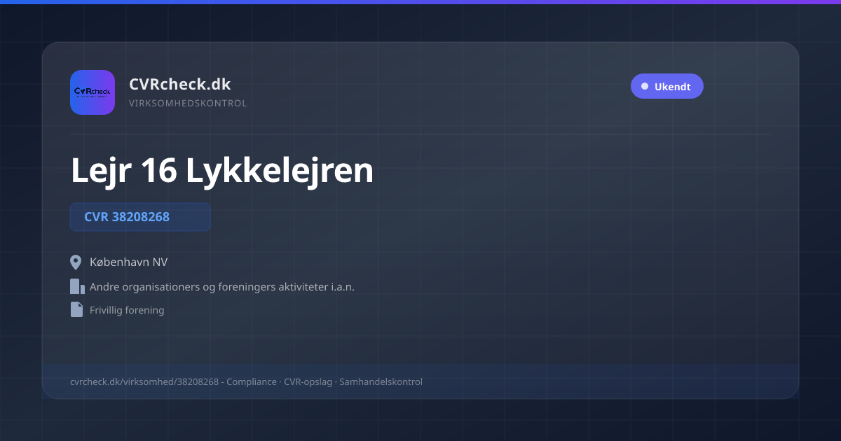 Visitkort: Lejr 16 Lykkelejren, CVR 38208268, Andre organisationers og foreningers aktiviteter i.a.n., København NV