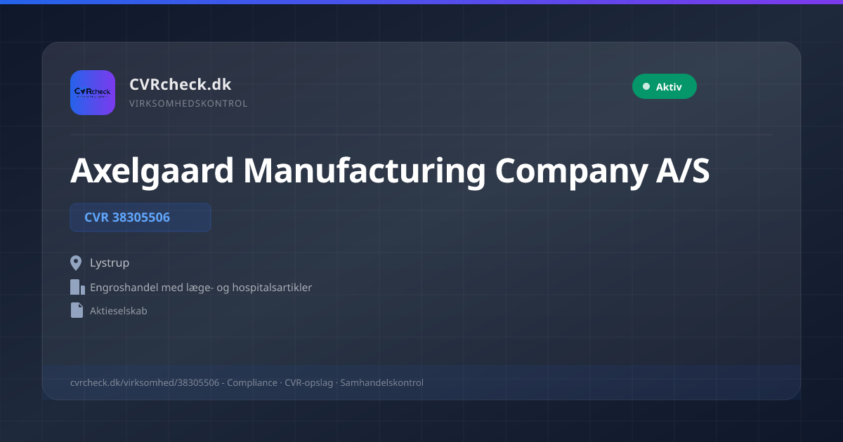 Visitkort: Axelgaard Manufacturing Company A/S, CVR 38305506, Engroshandel med læge- og hospitalsartikler, Lystrup, NORMAL