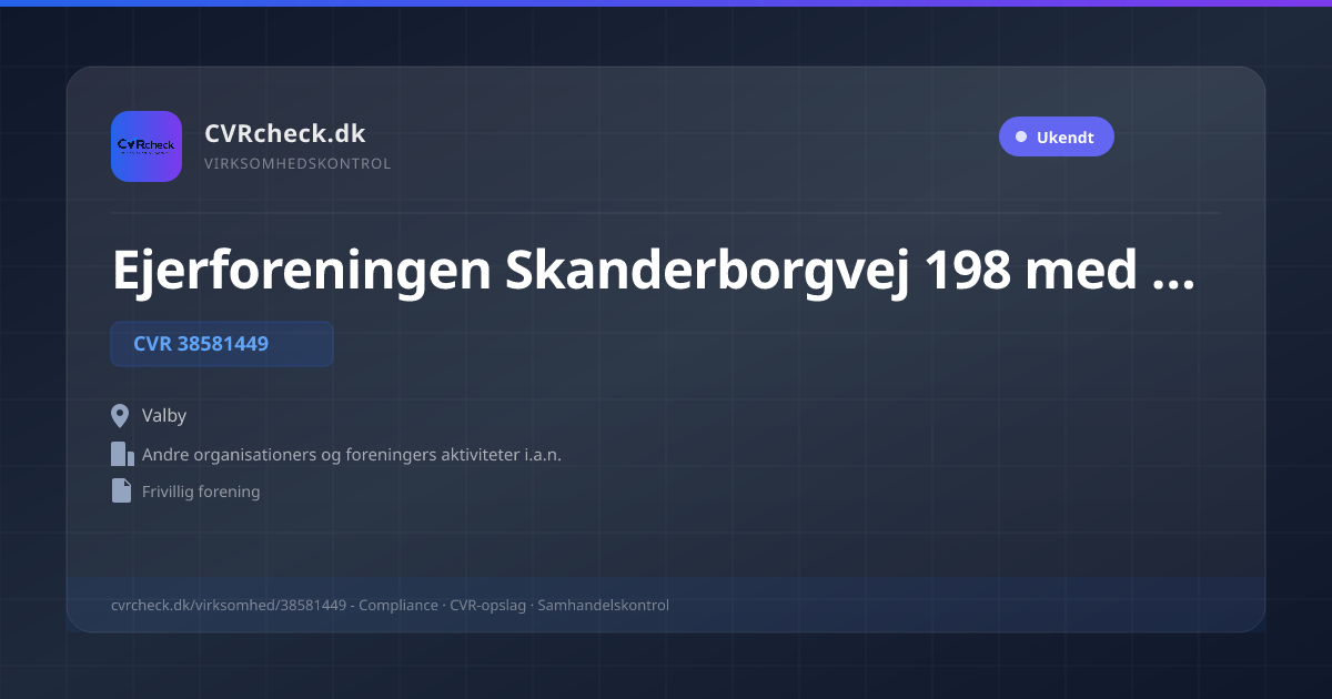 Visitkort: Ejerforeningen Skanderborgvej 198 med begrænset ansvar, CVR 38581449, Andre organisationers og foreningers aktiviteter i.a.n., Valby