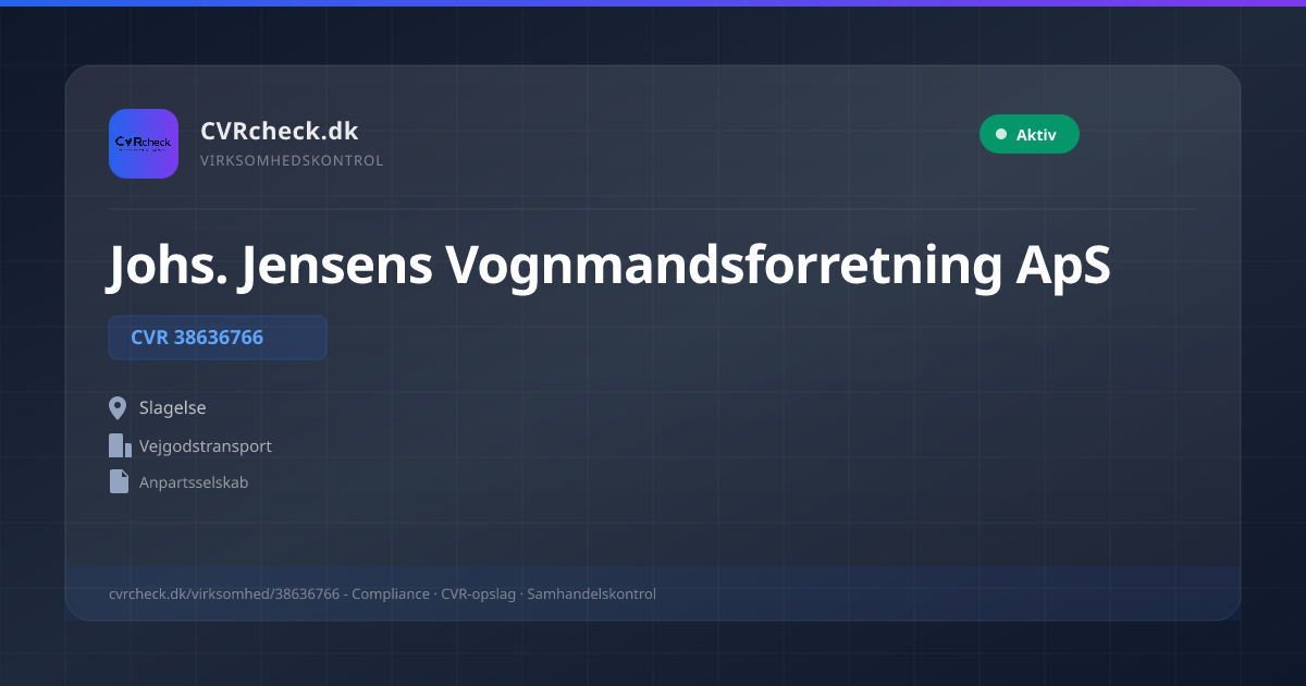 Visitkort: Johs. Jensens Vognmandsforretning ApS, CVR 38636766, Vejgodstransport, Slagelse, NORMAL