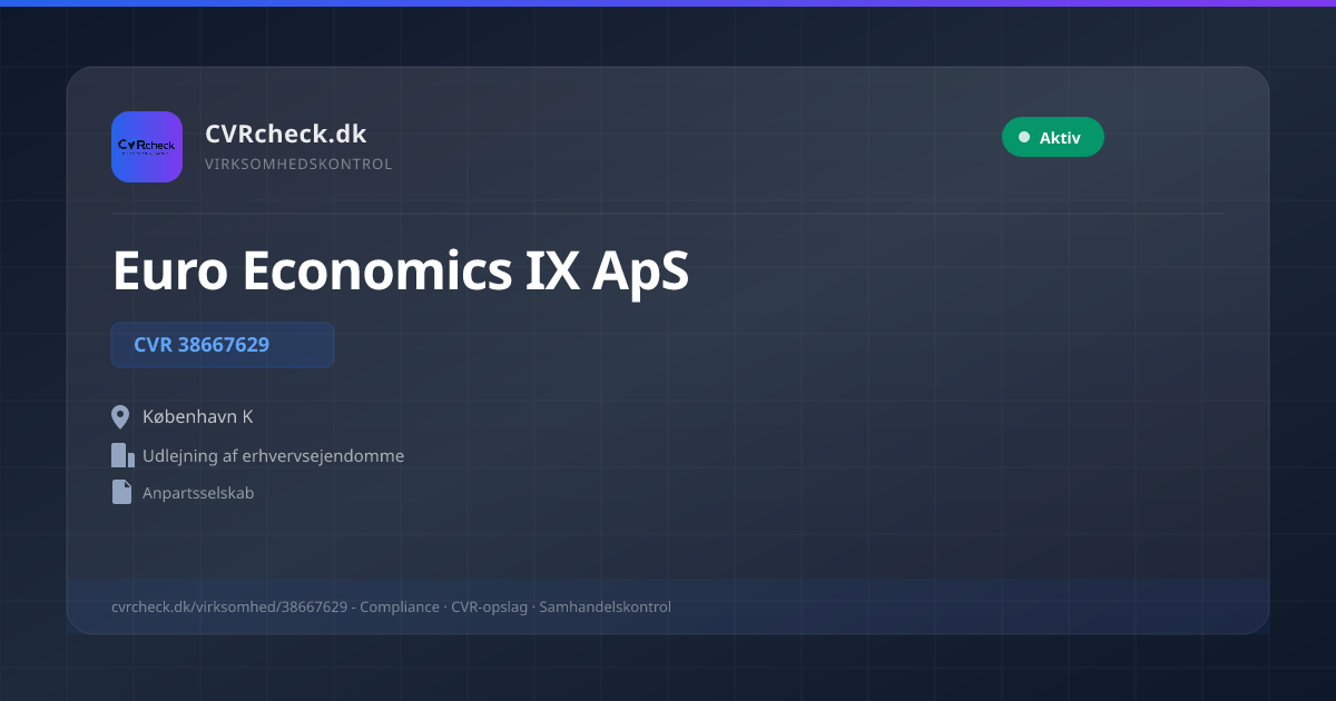 Visitkort: Euro Economics IX ApS, CVR 38667629, Udlejning af erhvervsejendomme, København K, NORMAL