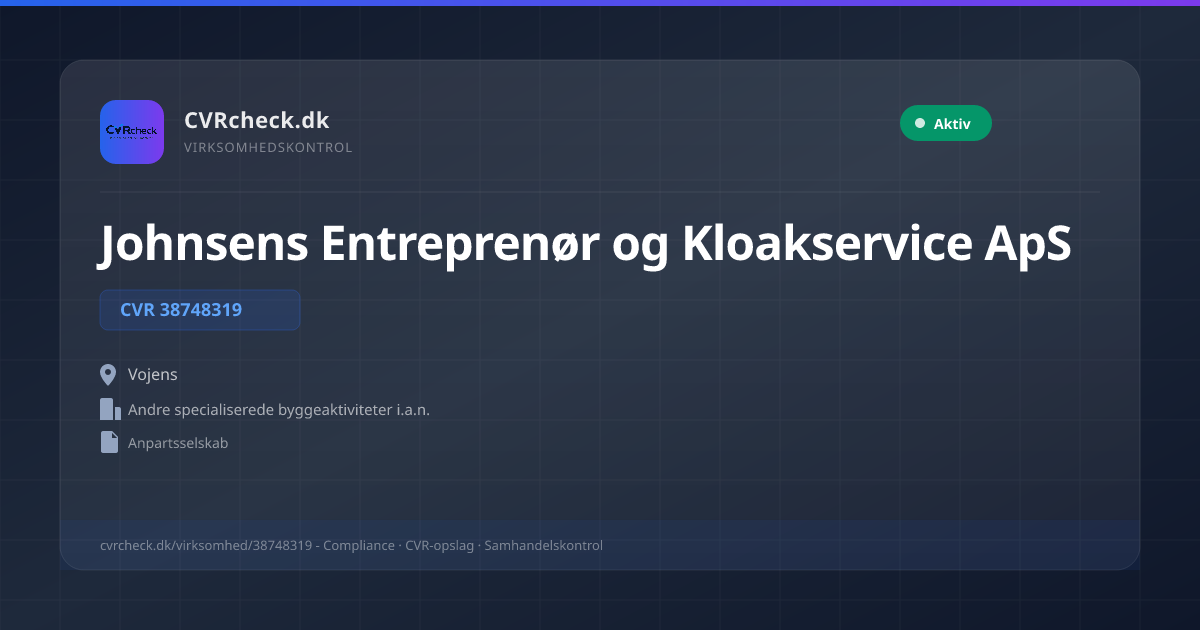 Visitkort: Johnsens Entreprenør og Kloakservice ApS, CVR 38748319, Andre specialiserede byggeaktiviteter i.a.n., Vojens, NORMAL