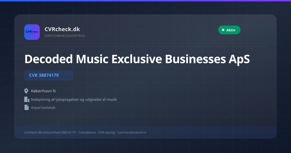 Visitkort: Decoded Music Exclusive Businesses ApS, CVR 38874179, Indspilning af lydoptagelser og udgivelse af musik, København N, NORMAL