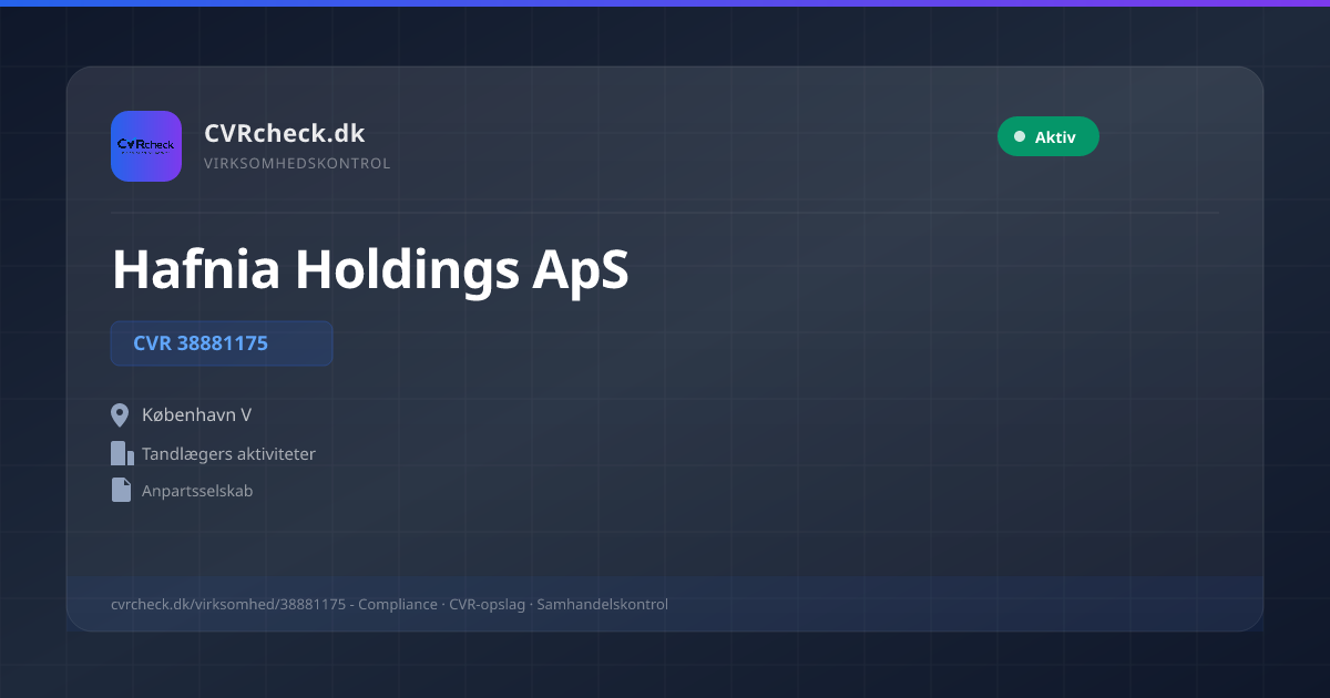 Visitkort: Hafnia Holdings ApS, CVR 38881175, Tandlægers aktiviteter, København V, NORMAL