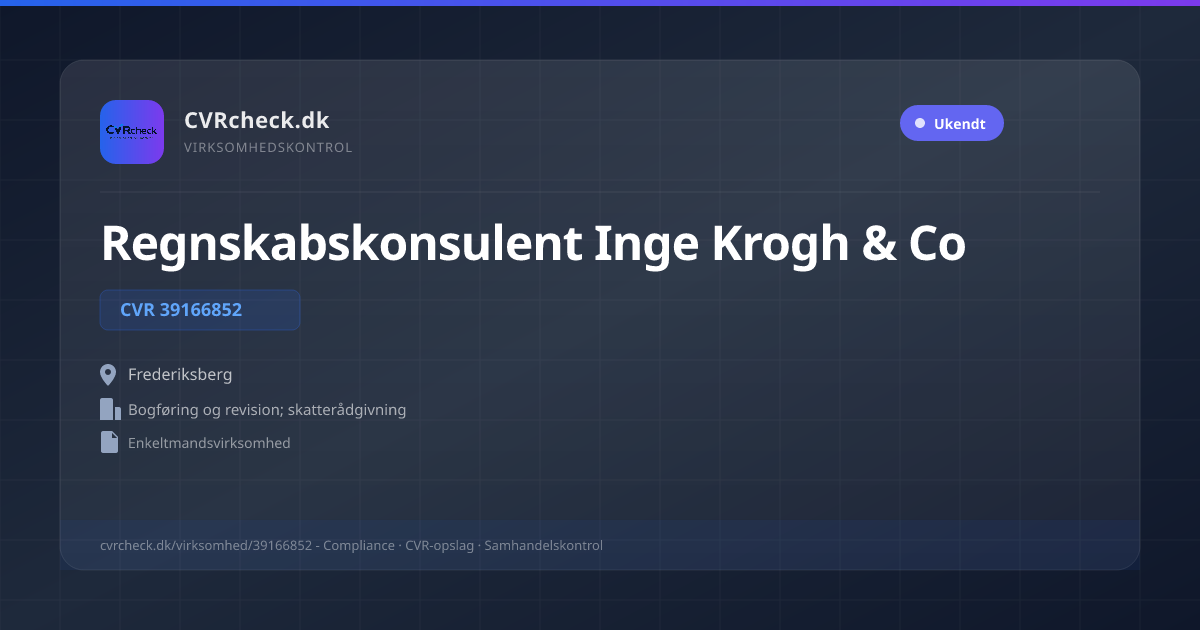 Visitkort: Regnskabskonsulent Inge Krogh & Co, CVR 39166852, Bogføring og revision; skatterådgivning, Frederiksberg