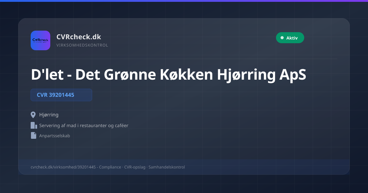 Visitkort: D'let - Det Grønne Køkken Hjørring ApS, CVR 39201445, Servering af mad i restauranter og caféer, Hjørring, NORMAL