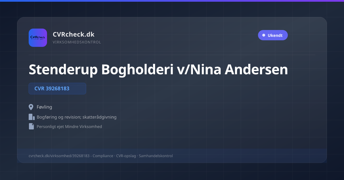 Visitkort: Stenderup Bogholderi v/Nina Andersen, CVR 39268183, Bogføring og revision; skatterådgivning, Føvling