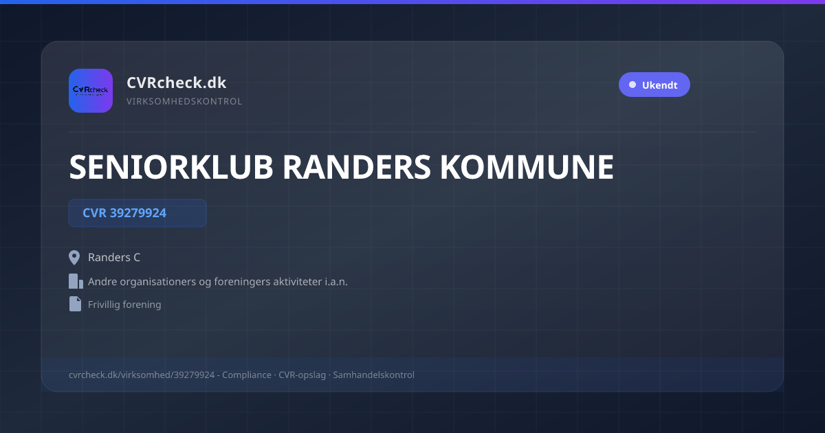 Visitkort: SENIORKLUB RANDERS KOMMUNE, CVR 39279924, Andre organisationers og foreningers aktiviteter i.a.n., Randers C