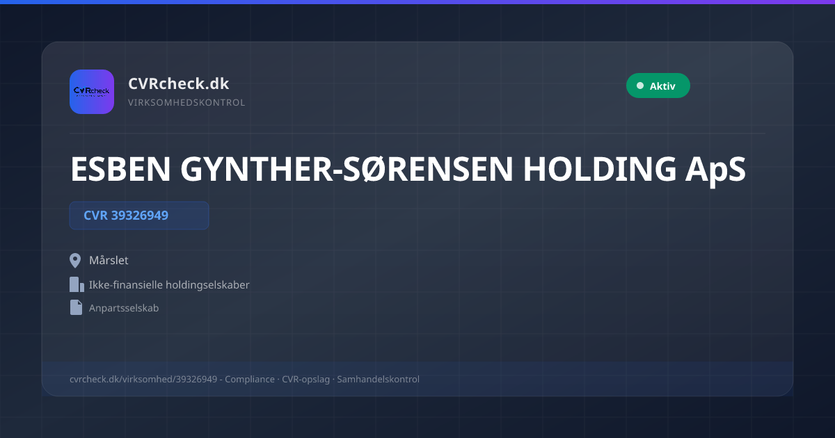 Visitkort: ESBEN GYNTHER-SØRENSEN HOLDING ApS, CVR 39326949, Ikke-finansielle holdingselskaber, Mårslet, NORMAL