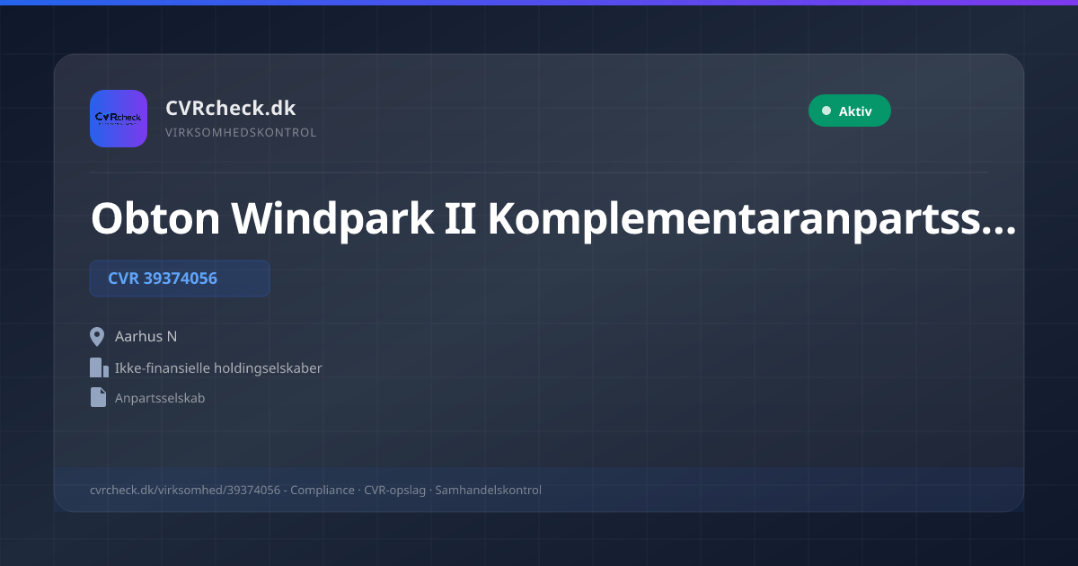 Visitkort: Obton Windpark II Komplementaranpartsselskab, CVR 39374056, Ikke-finansielle holdingselskaber, Aarhus N, NORMAL