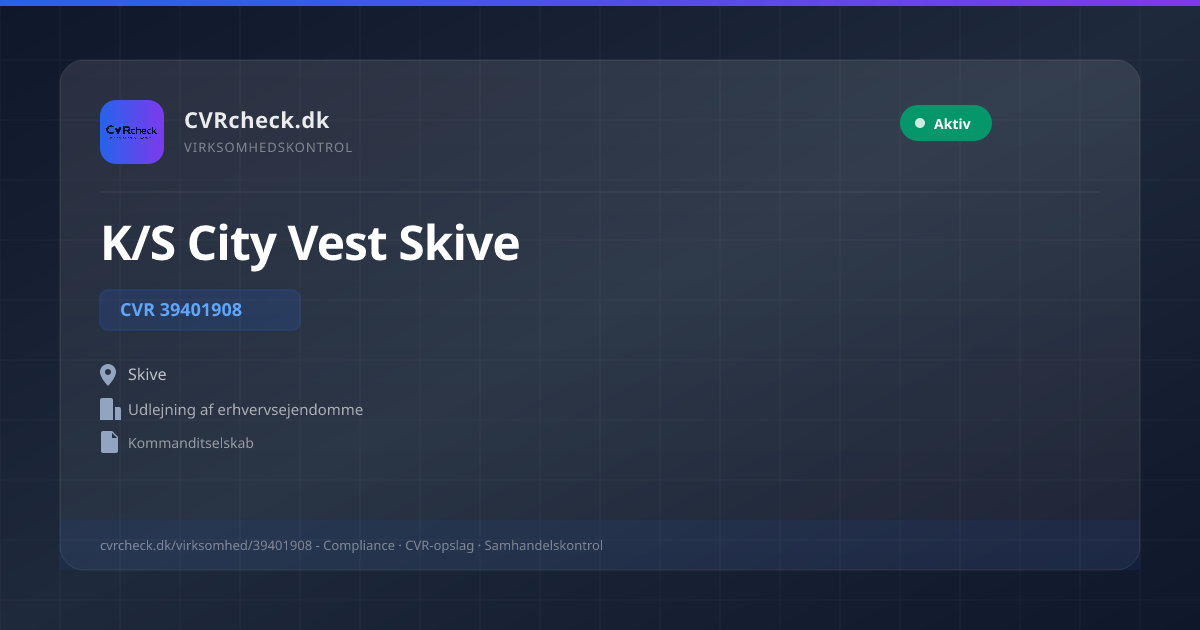 Visitkort: K/S City Vest Skive, CVR 39401908, Udlejning af erhvervsejendomme, Skive, NORMAL