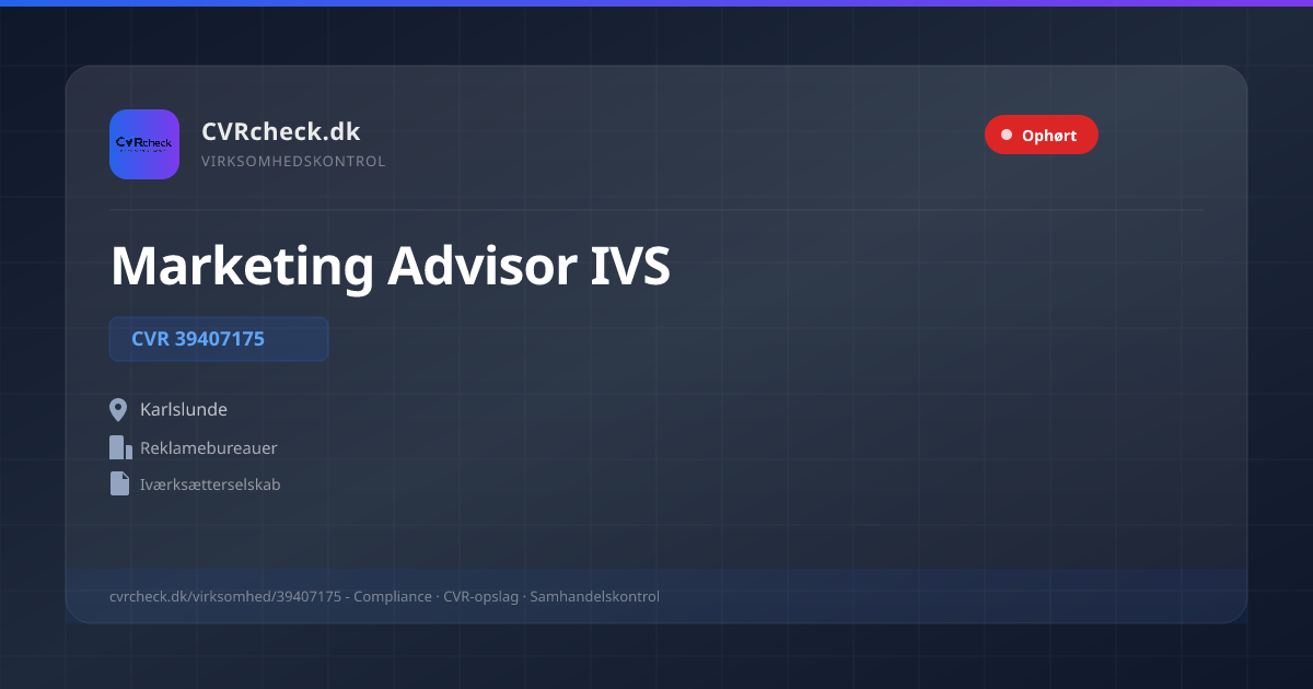 Visitkort: Marketing Advisor IVS, CVR 39407175, Reklamebureauer, Karlslunde, OPLØST EFTER KONKURS