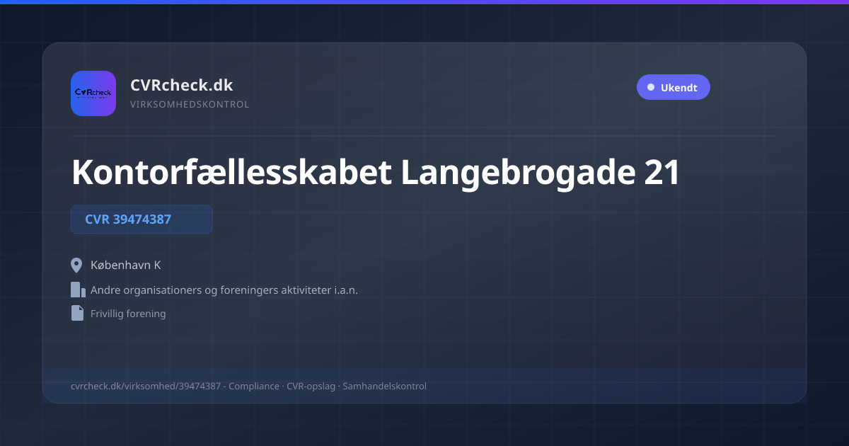 Visitkort: Kontorfællesskabet Langebrogade 21, CVR 39474387, Andre organisationers og foreningers aktiviteter i.a.n., København K