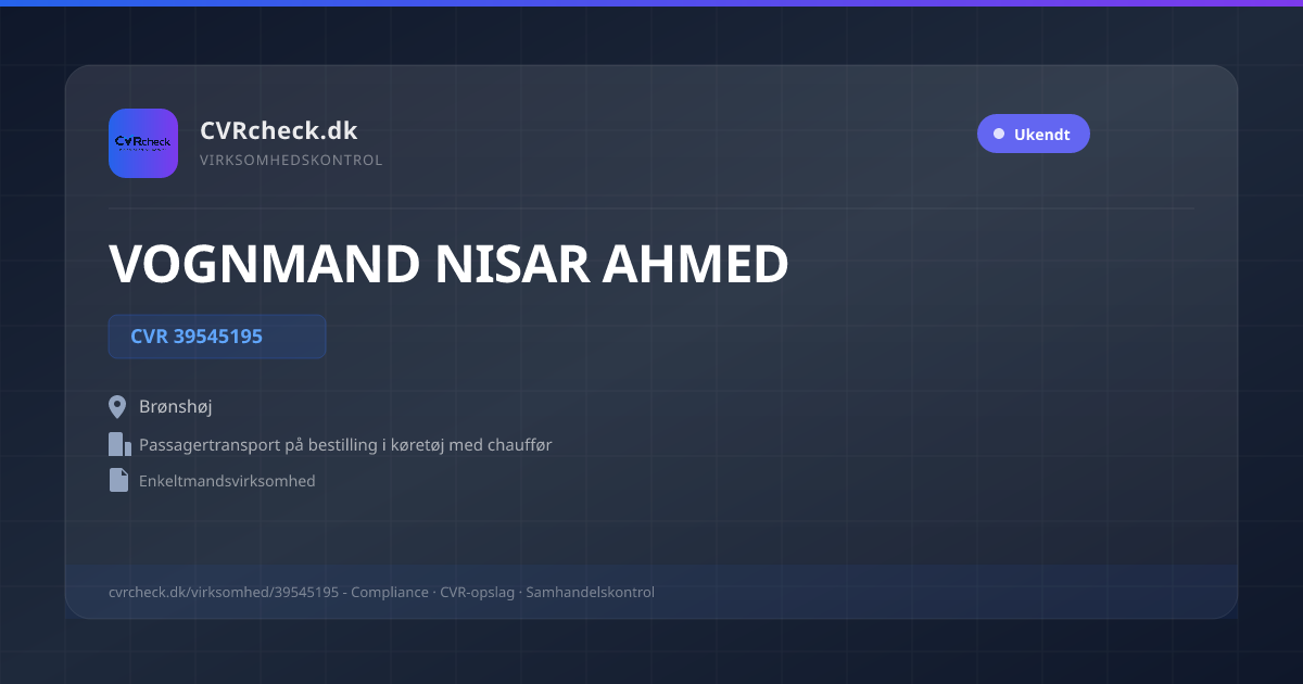 Visitkort: VOGNMAND NISAR AHMED, CVR 39545195, Passagertransport på bestilling i køretøj med chauffør, Brønshøj