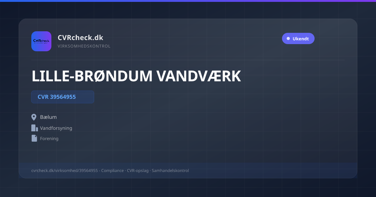 Visitkort: LILLE-BRØNDUM VANDVÆRK, CVR 39564955, Vandforsyning, Bælum