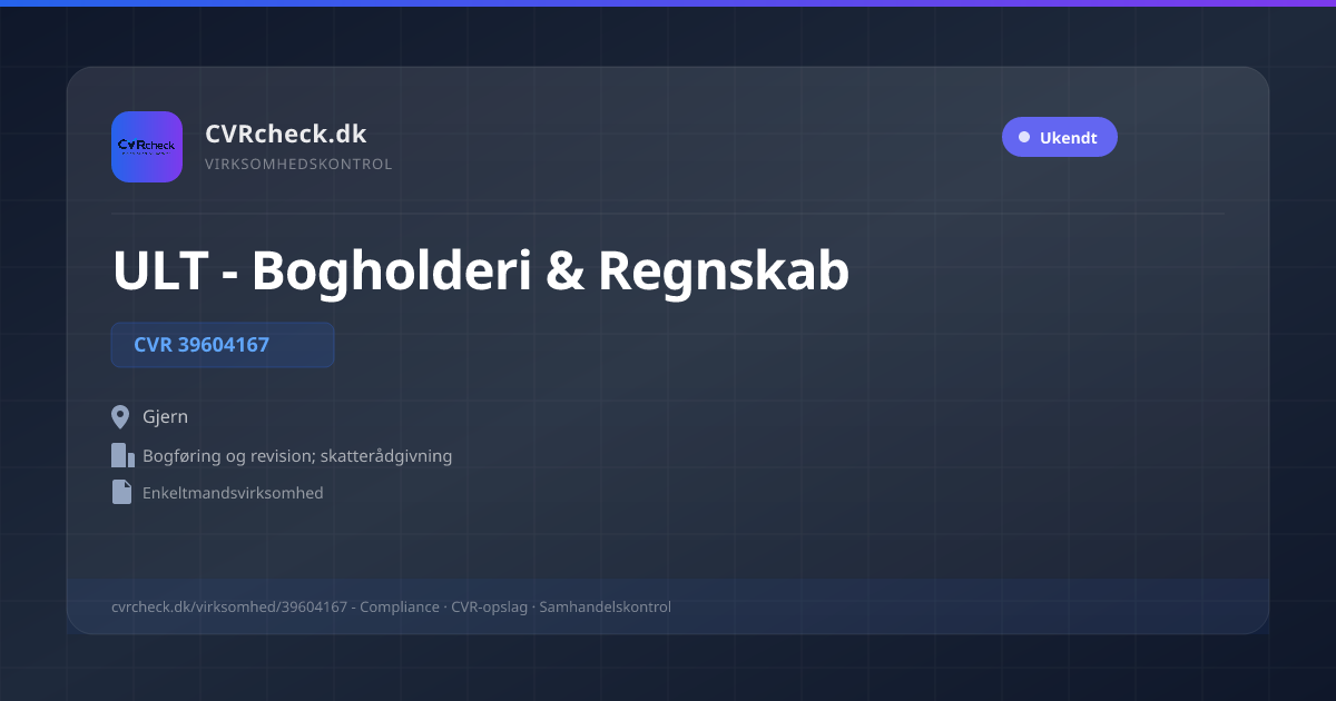 Visitkort: ULT - Bogholderi & Regnskab, CVR 39604167, Bogføring og revision; skatterådgivning, Gjern