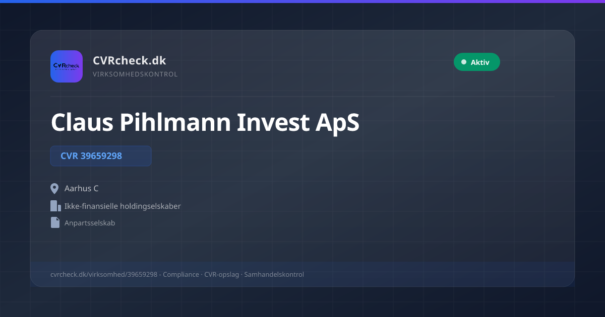 Visitkort: Claus Pihlmann Invest ApS, CVR 39659298, Ikke-finansielle holdingselskaber, Aarhus C, NORMAL