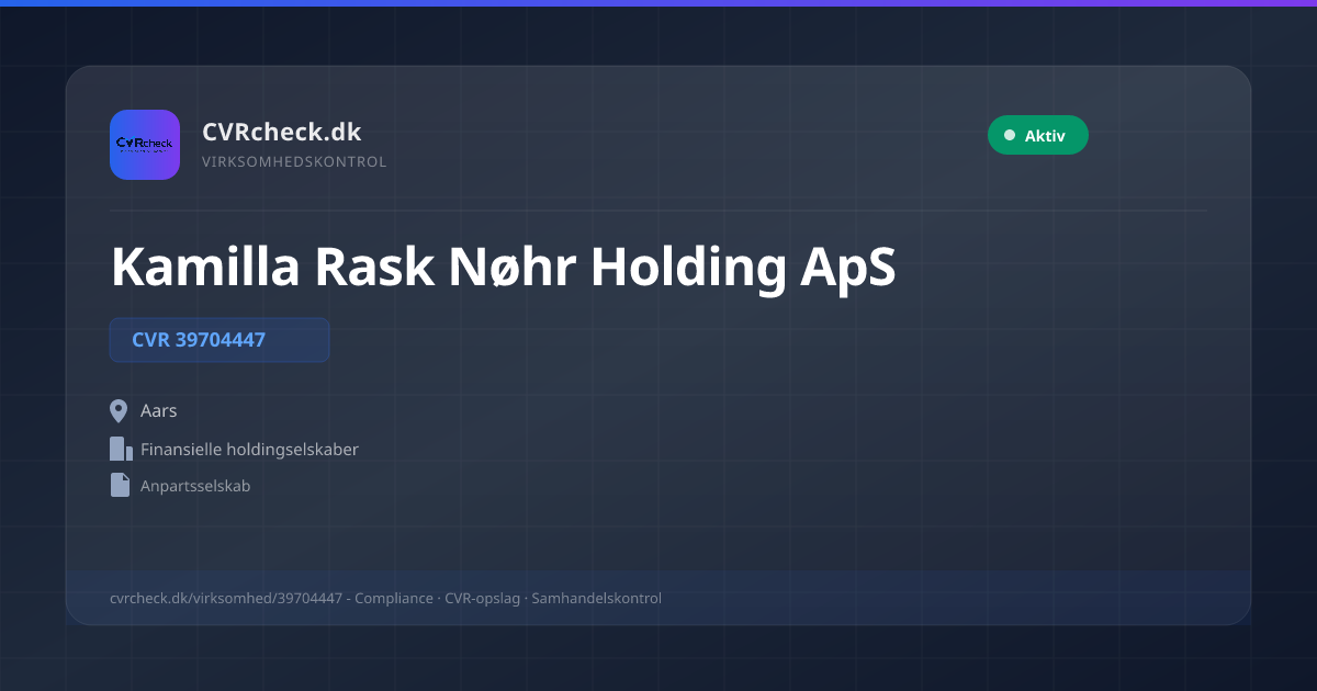 Visitkort: Kamilla Rask Nøhr Holding ApS, CVR 39704447, Finansielle holdingselskaber, Aars, NORMAL