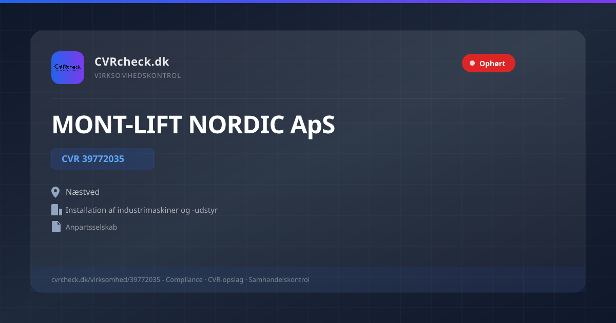 Visitkort: MONT-LIFT NORDIC ApS, CVR 39772035, Installation af industrimaskiner og -udstyr, Næstved, OPLØST EFTER ERKLÆRING