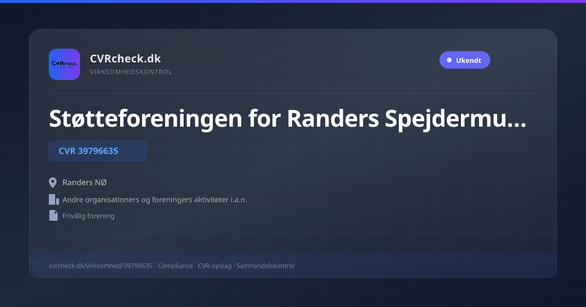 Visitkort: Støtteforeningen for Randers Spejdermuseum DDS, CVR 39796635, Andre organisationers og foreningers aktiviteter i.a.n., Randers NØ