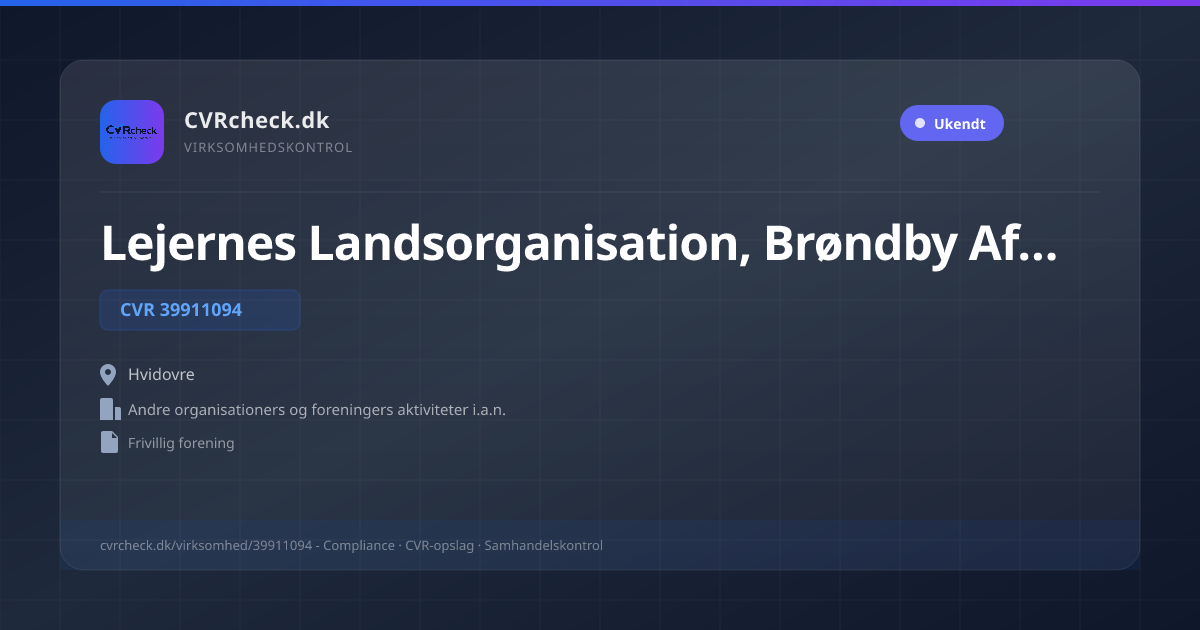 Visitkort: Lejernes Landsorganisation, Brøndby Afdeling, CVR 39911094, Andre organisationers og foreningers aktiviteter i.a.n., Hvidovre