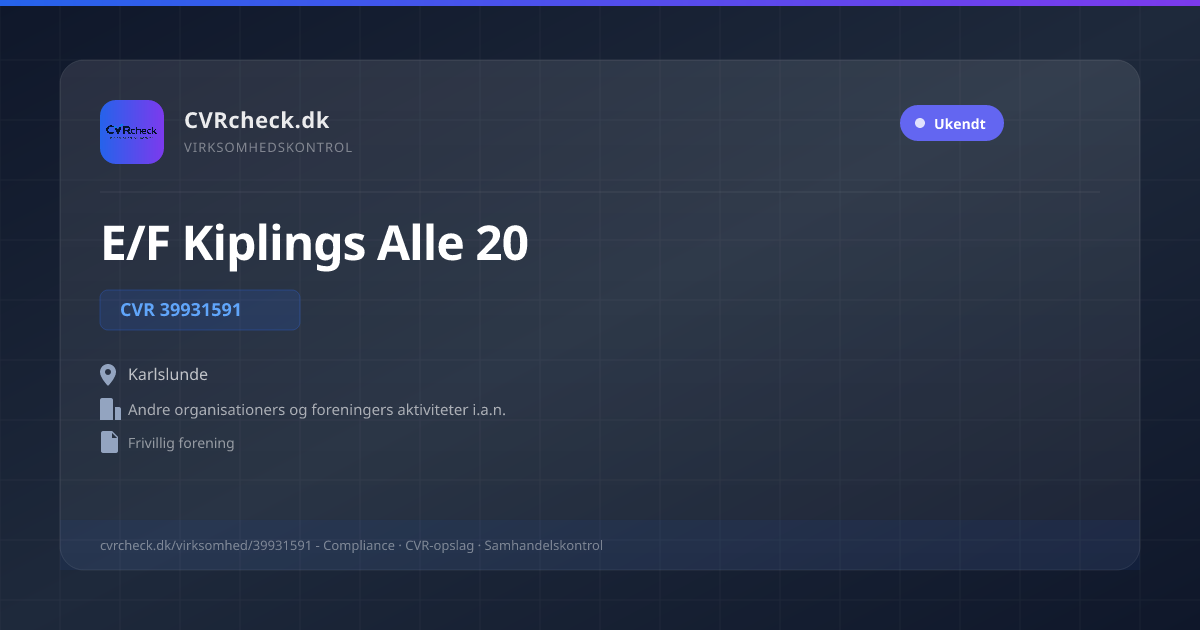 Visitkort: E/F Kiplings Alle 20, CVR 39931591, Andre organisationers og foreningers aktiviteter i.a.n., Karlslunde