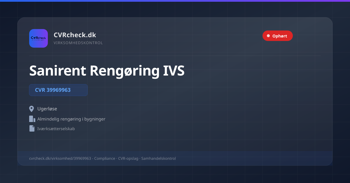 Visitkort: Sanirent Rengøring IVS, CVR 39969963, Almindelig rengøring i bygninger, Ugerløse, OPLØST EFTER KONKURS