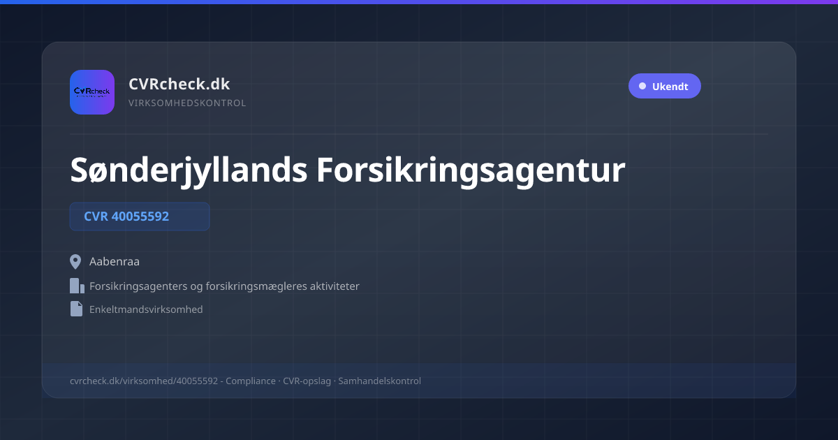 Visitkort: Sønderjyllands Forsikringsagentur, CVR 40055592, Forsikringsagenters og forsikringsmægleres aktiviteter, Aabenraa