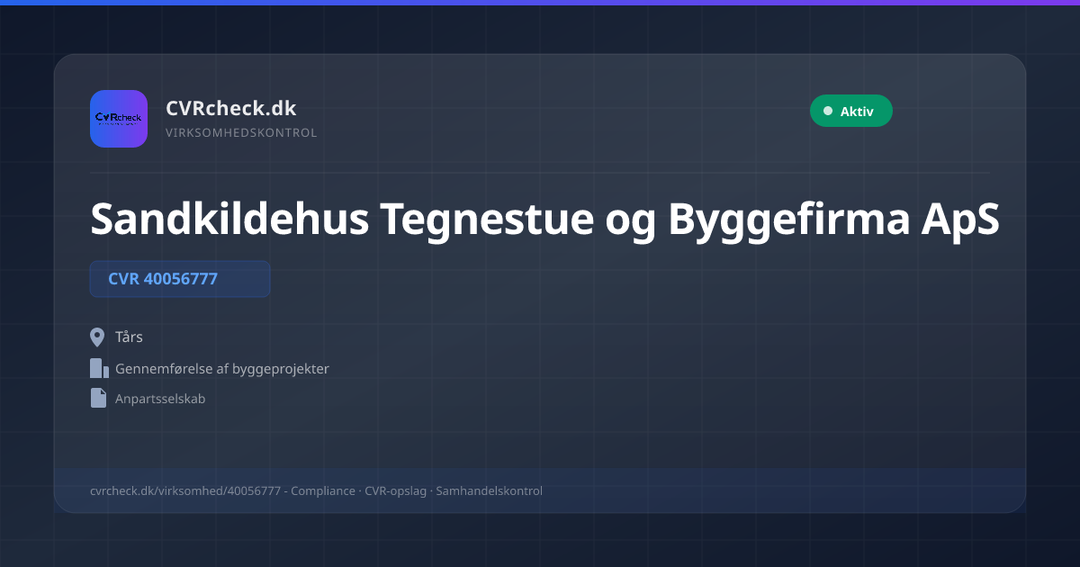 Visitkort: Sandkildehus Tegnestue og Byggefirma ApS, CVR 40056777, Gennemførelse af byggeprojekter, Tårs, NORMAL