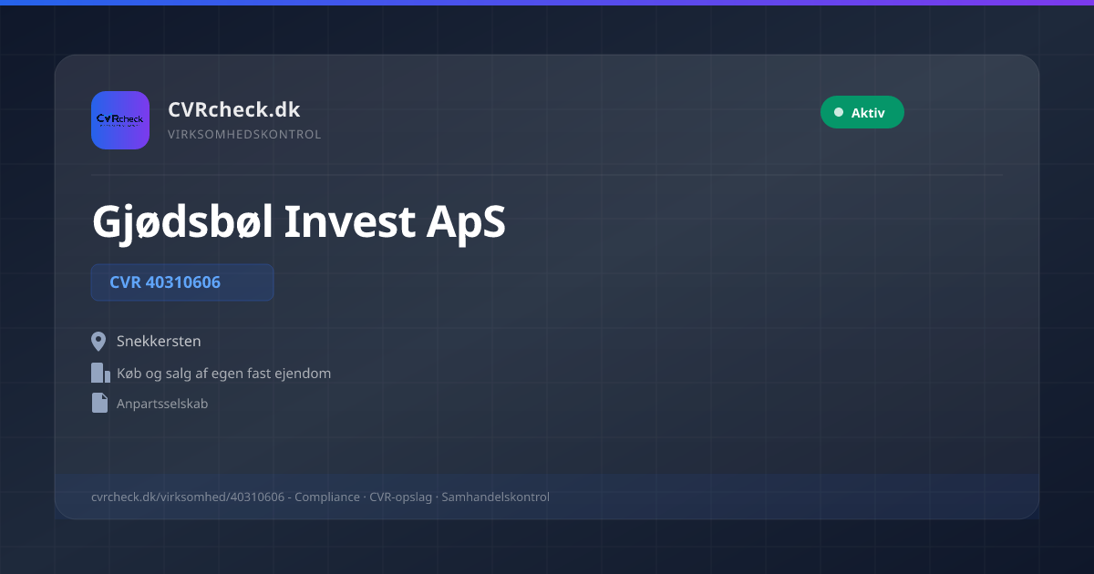 Visitkort: Gjødsbøl Invest ApS, CVR 40310606, Køb og salg af egen fast ejendom, Snekkersten, NORMAL