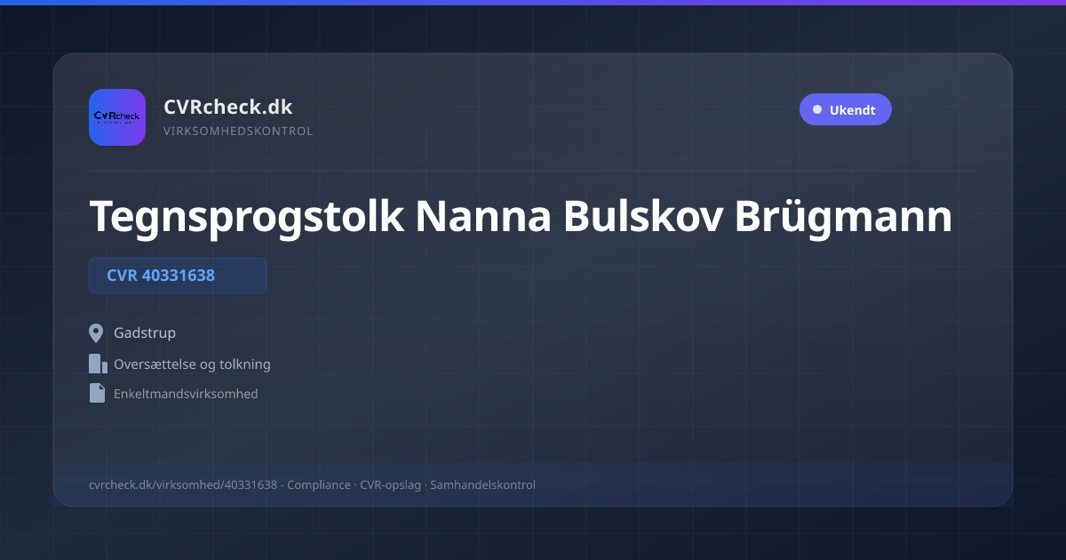 Visitkort: Tegnsprogstolk Nanna Bulskov Brügmann, CVR 40331638, Oversættelse og tolkning, Gadstrup