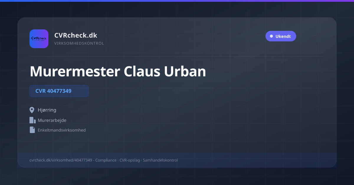 Visitkort: Murermester Claus Urban, CVR 40477349, Murerarbejde, Hjørring