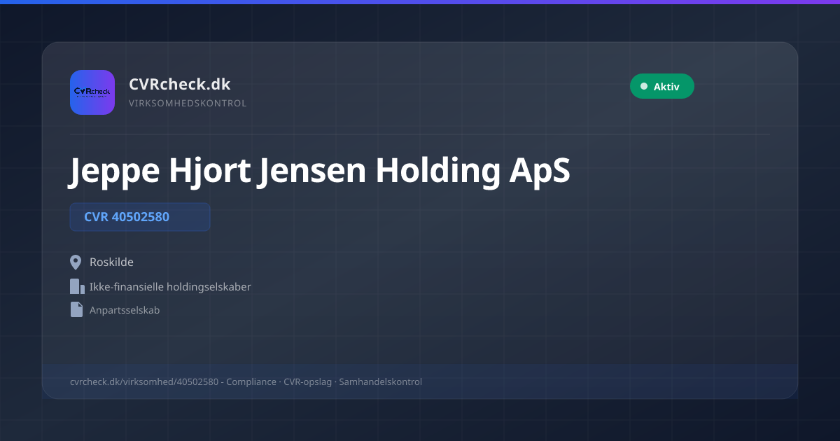 Visitkort: Jeppe Hjort Jensen Holding ApS, CVR 40502580, Ikke-finansielle holdingselskaber, Roskilde, NORMAL