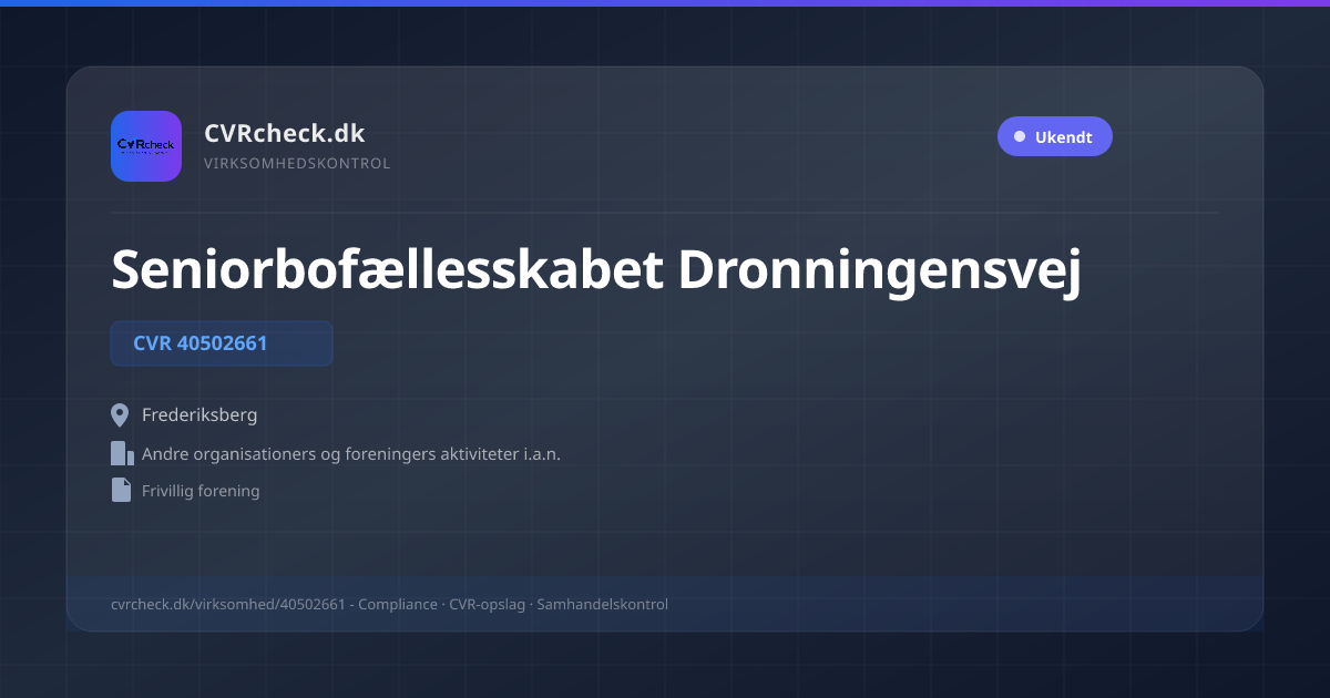 Visitkort: Seniorbofællesskabet Dronningensvej, CVR 40502661, Andre organisationers og foreningers aktiviteter i.a.n., Frederiksberg